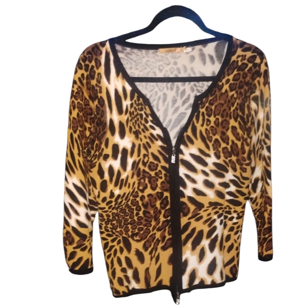 Belldini Women's Leopard Zip Front Cardigan Like 3/4 Length Top SZ XL